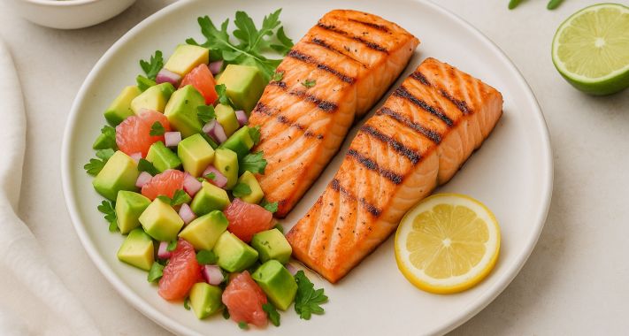 Grillezett lazac citrusos avokádó-salsával