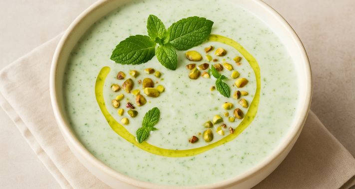 Uborkás-joghurtos hideg leves ropogós pisztáciával és mentával
