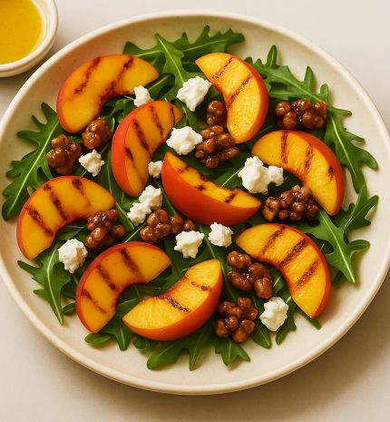 Grillezett barack saláta kecskesajttal és karamellizált dióval