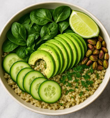 Zöld istennő tál – avokádós, pisztáciás, lime-os quinoa bowl