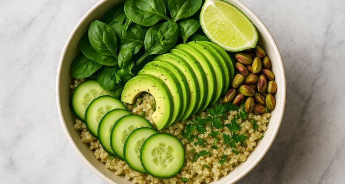 Zöld istennő tál – avokádós, pisztáciás, lime-os quinoa bowl