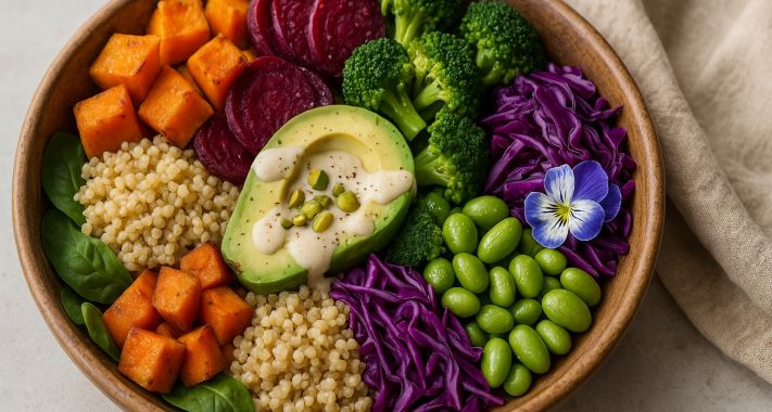 Szivárvány Buddha Bowl tahini‑joghurt szósszal