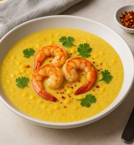Kukoricakrémleves pirított garnélával és chilivel