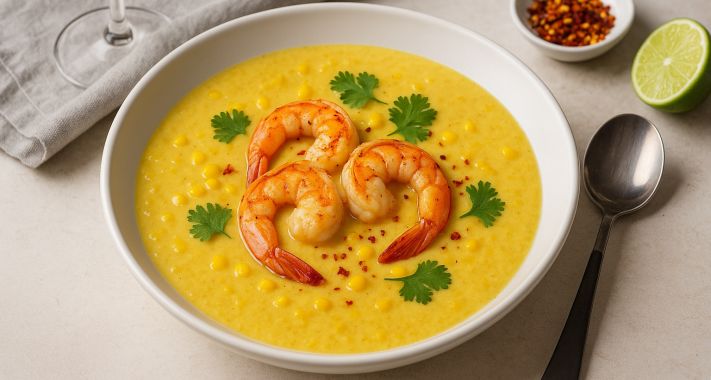 Kukoricakrémleves pirított garnélával és chilivel