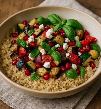 Mediterrán quinoa bowl sült zöldségekkel és fetával