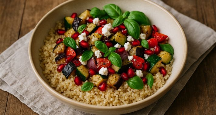 Mediterrán quinoa bowl sült zöldségekkel és fetával