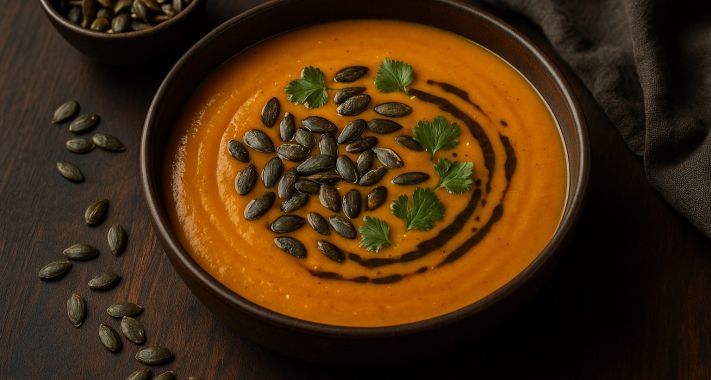 Fűszeres sütőtökkrémleves pirított magvakkal