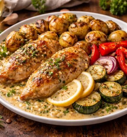 Gasztronómia - Krémes citromos csirke rozmaringos újburgonyával és grillezett zöldségekkel